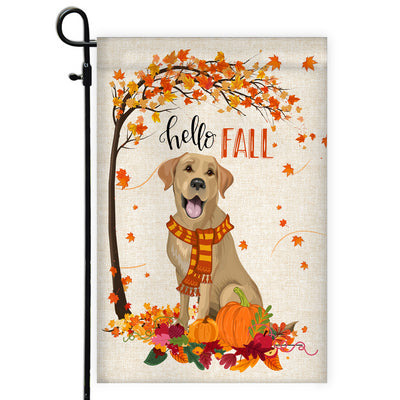 Hello Fall Labrador Dog Flag Maple Leaves Orange Pumpkin Autumn | siriusteestore