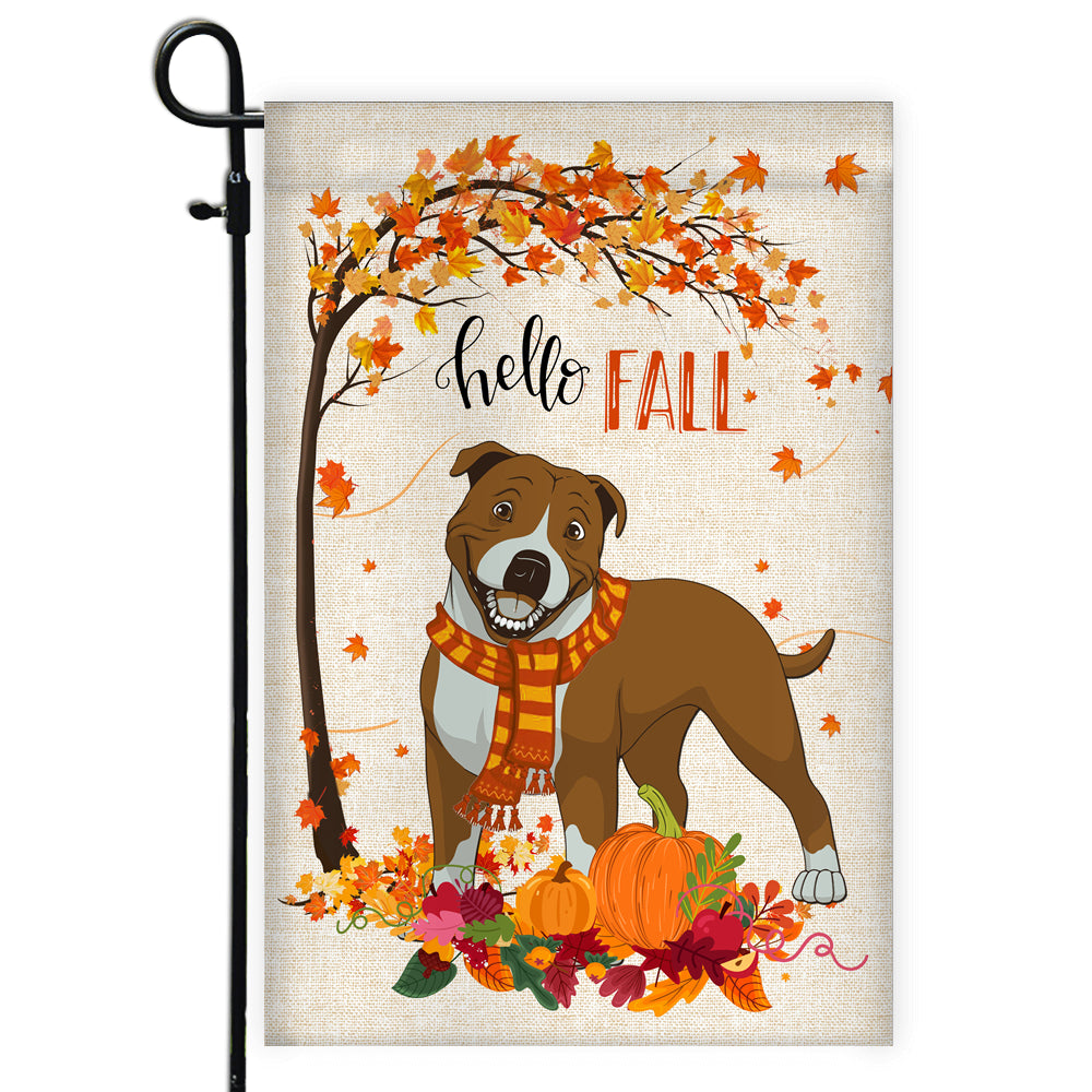 Hello Fall Pitbull Dog Flag Maple Leaves Orange Pumpkin Autumn | siriusteestore