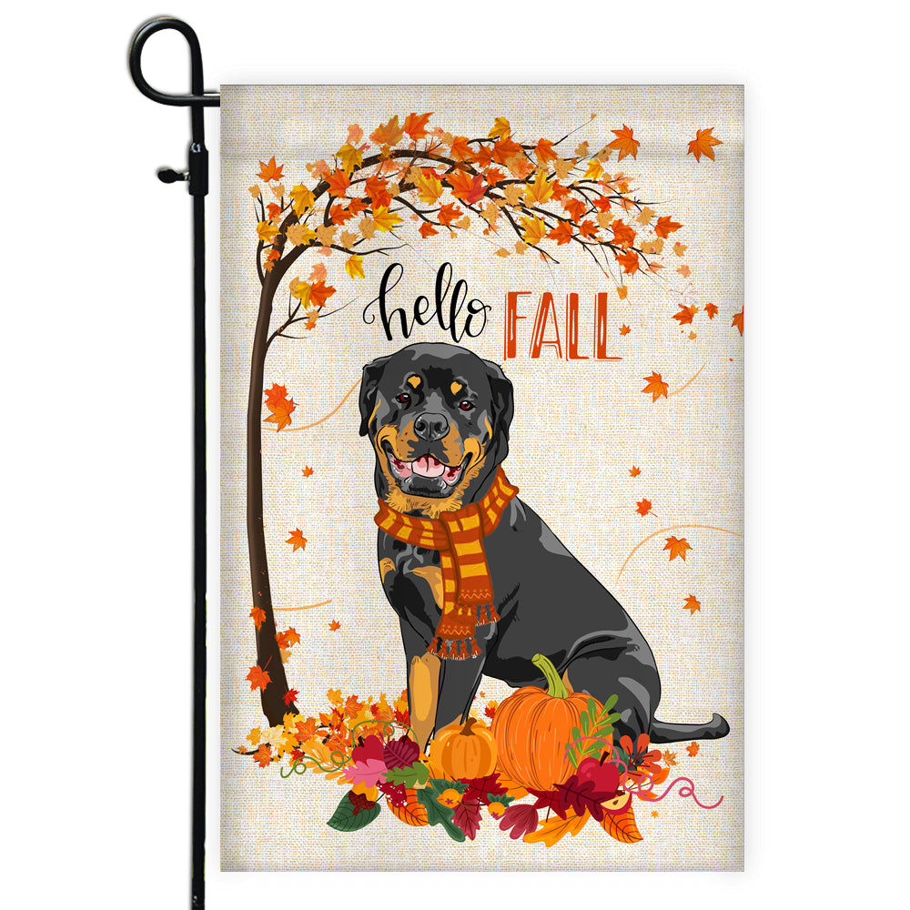 Hello Fall Rottweiler Dog Flag Maple Leaves Orange Pumpkin Autumn | siriusteestore