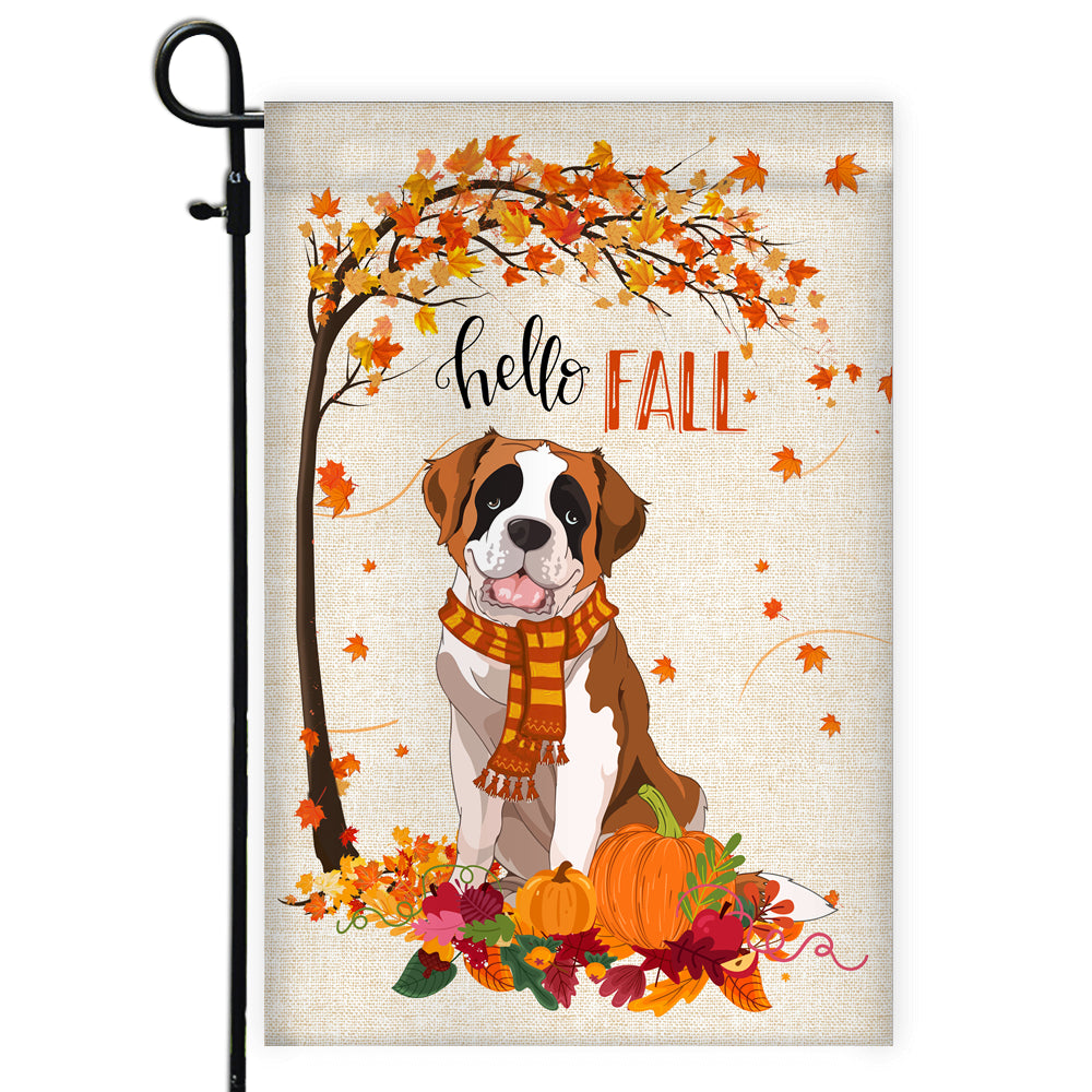 Hello Fall Saint Bernard Dog Flag Maple Leaves Orange Pumpkin Autumn | siriusteestore