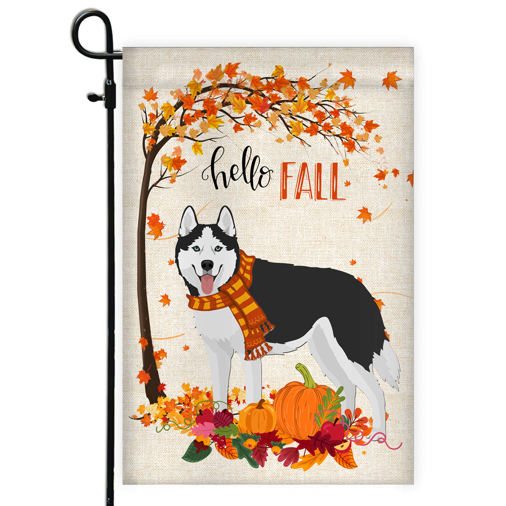 Hello Fall Siberian Husky Dog Flag Maple Leaves Orange Pumpkin Autumn | siriusteestore