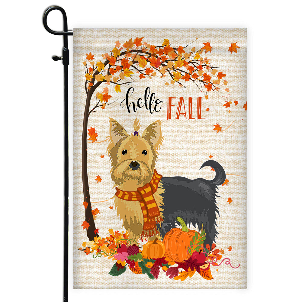 Hello Fall Yorkie Dog Flag Maple Leaves Orange Pumpkin Autumn | siriusteestore