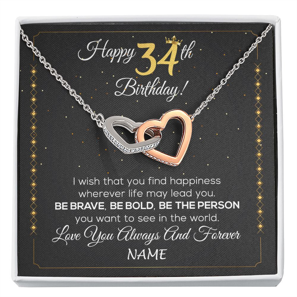 Interlocking Hearts Necklace | Personalized Happy 34Th Birthday Necklace For Her Girls Daughter Niece Sister Goddaughter Granddaughter 34 Year Old Birthday Customized Gift Box Message Card | siriusteestore