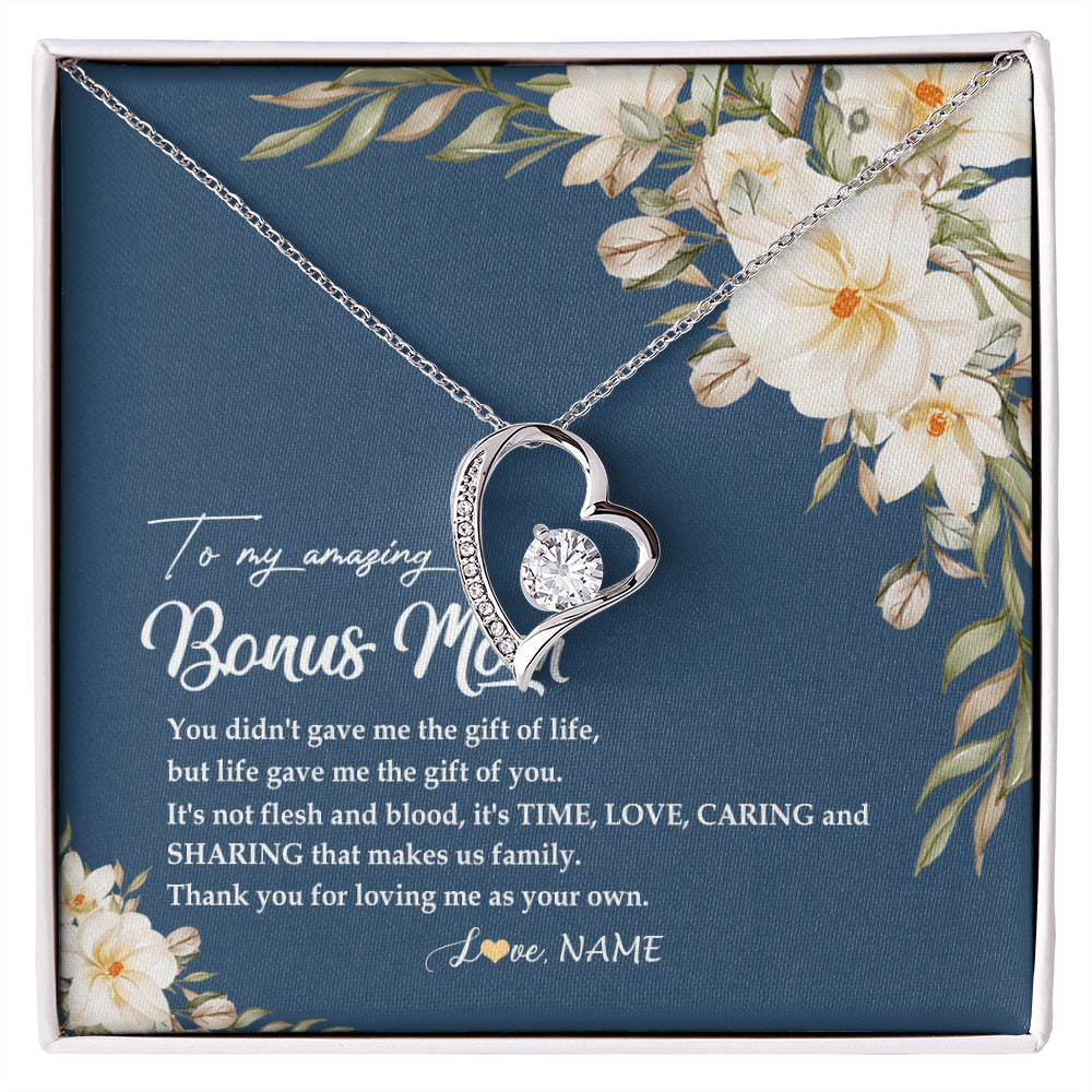 Forever Love Necklace | Personalized To My Amazing Bonus Mom Necklace from Daughter Thank You Step Mom Jewelry Birthday Mothers Day Thanksgiving Christmas Customized Message Card | siriusteestore