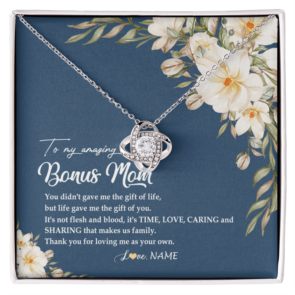 Love Knot Necklace | Personalized To My Amazing Bonus Mom Necklace from Daughter Thank You Step Mom Jewelry Birthday Mothers Day Thanksgiving Christmas Customized Message Card | siriusteestore