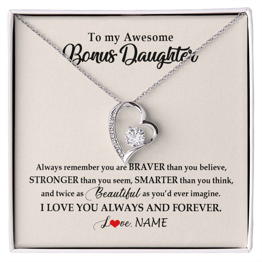 Forever Love Necklace | Personalized To My Awesome Bonus Daughter Necklace From Stepmom I Love You Always And Forever Stepdaughter Birthday Christmas Customized Gift Box Message Card | siriusteestore
