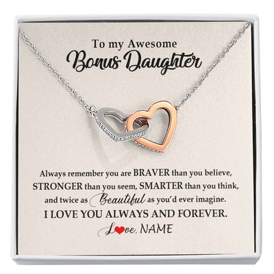 Interlocking Hearts Necklace | Personalized To My Awesome Bonus Daughter Necklace From Stepmom I Love You Always And Forever Stepdaughter Birthday Christmas Customized Gift Box Message Card | siriusteestore