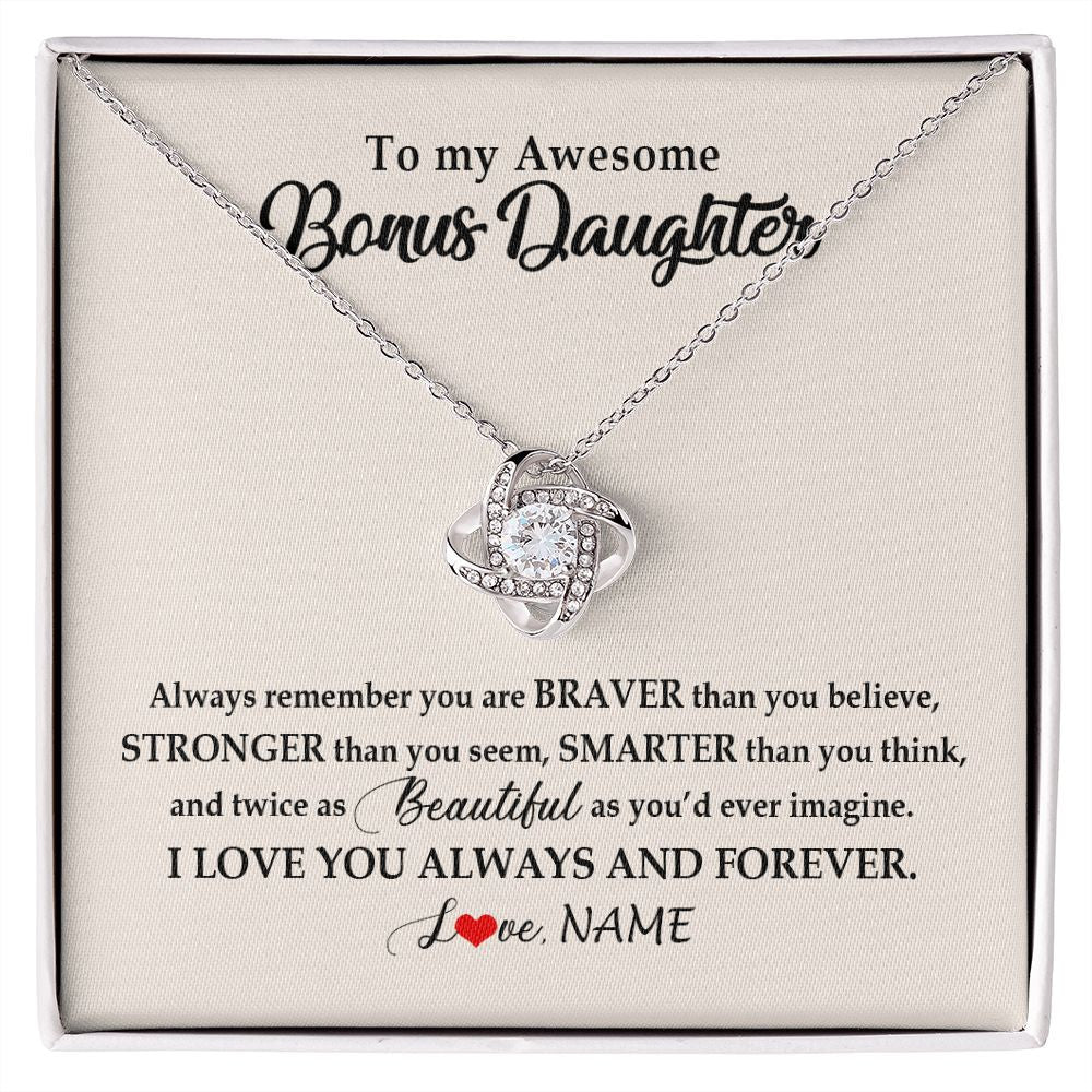 Love Knot Necklace | Personalized To My Awesome Bonus Daughter Necklace From Stepmom I Love You Always And Forever Stepdaughter Birthday Christmas Customized Gift Box Message Card | siriusteestore
