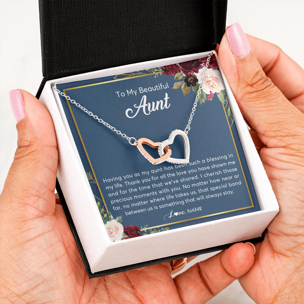 Interlocking Hearts Necklace | Personalized To My Beautiful Aunt Necklace From Niece Nephew Thank You For All The Love Aunt Jewelry Birthday Christmas Customized Gift Box Message Card | siriusteestore