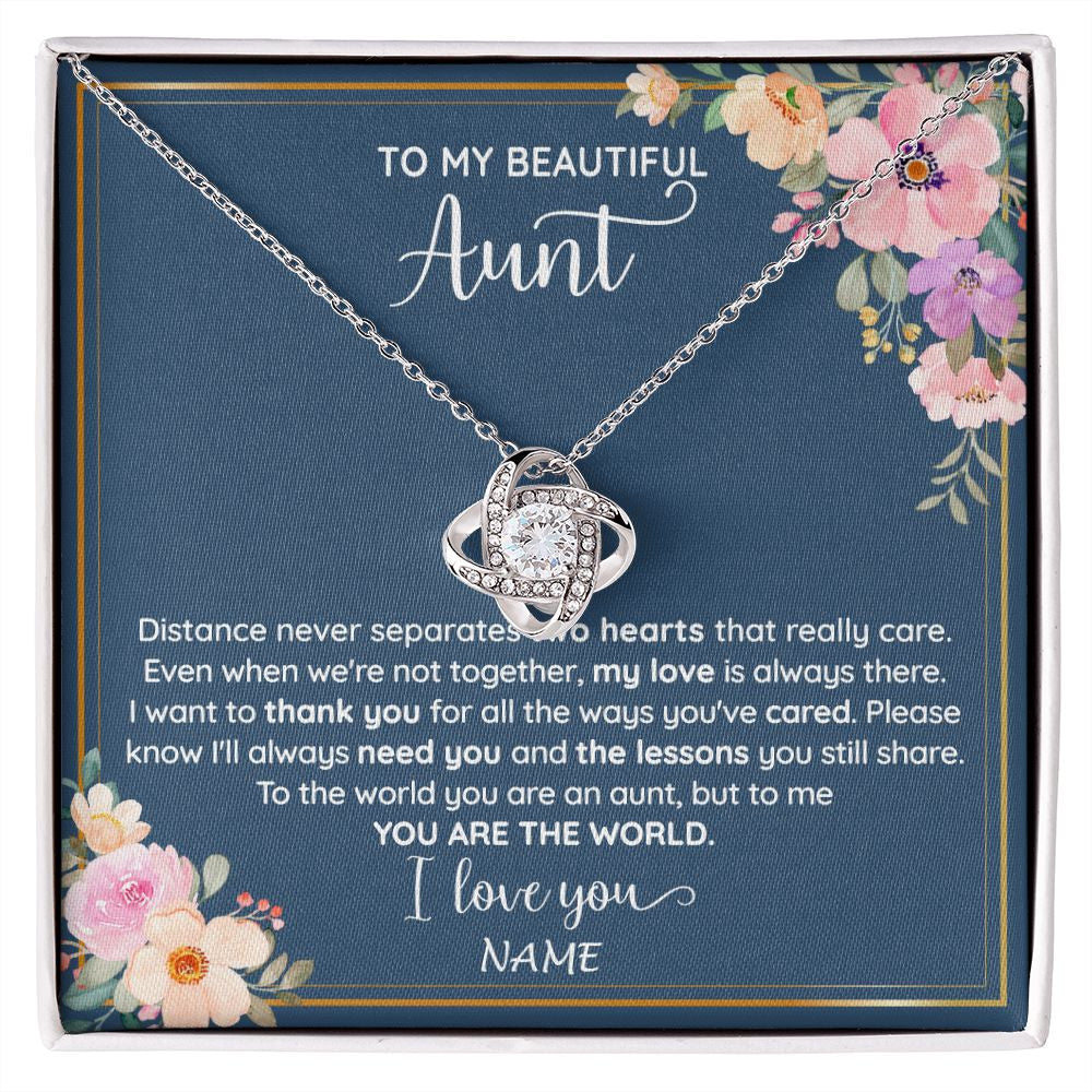 Love Knot Necklace | Personalized To My Beautiful Aunt Necklace From Niece Nephew You Are The World Aunt Birthday Mothers Day Christmas Jewelry Customized Gift Box Message Card | siriusteestore