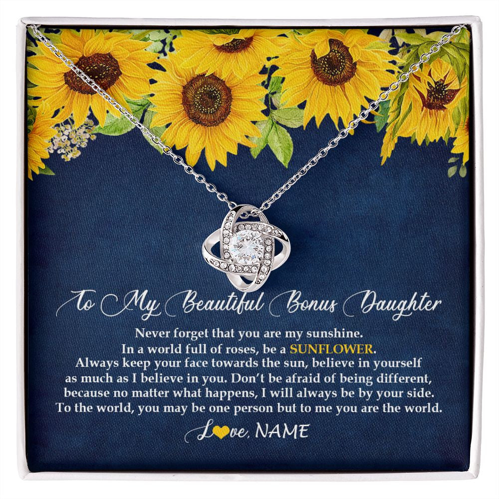 Love Knot Necklace | Personalized To My Beautiful Bonus Daughter Necklace From Mom Be A Sunflower My Sunshine Stepdaughter Birthday Christmas Customized Gift Box Message Card | siriusteestore