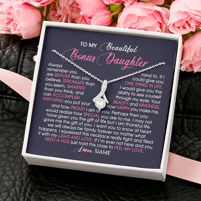Alluring Beauty Necklace | Personalized To My Beautiful Bonus Daughter Necklace From Stepmom Feel My Love Stepdaughter Birthday Christmas Graduation Customized Gift Box Message Card | siriusteestore