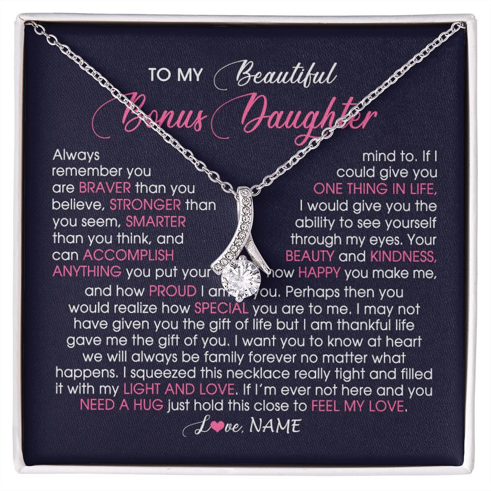 Alluring Beauty Necklace | Personalized To My Beautiful Bonus Daughter Necklace From Stepmom Feel My Love Stepdaughter Birthday Christmas Graduation Customized Gift Box Message Card | siriusteestore