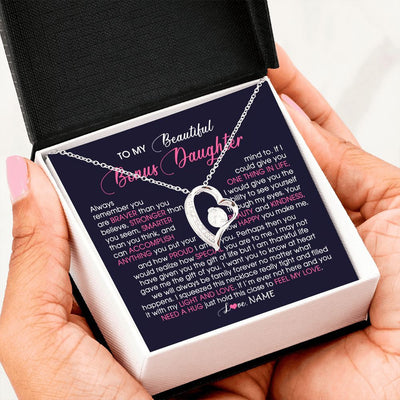 Forever Love Necklace | Personalized To My Beautiful Bonus Daughter Necklace From Stepmom Feel My Love Stepdaughter Birthday Christmas Graduation Customized Gift Box Message Card | siriusteestore