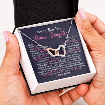 Interlocking Hearts Necklace | Personalized To My Beautiful Bonus Daughter Necklace From Stepmom Feel My Love Stepdaughter Birthday Christmas Graduation Customized Gift Box Message Card | siriusteestore
