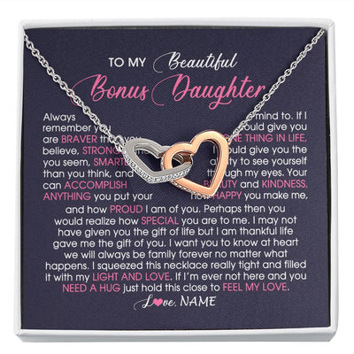 Interlocking Hearts Necklace | Personalized To My Beautiful Bonus Daughter Necklace From Stepmom Feel My Love Stepdaughter Birthday Christmas Graduation Customized Gift Box Message Card | siriusteestore
