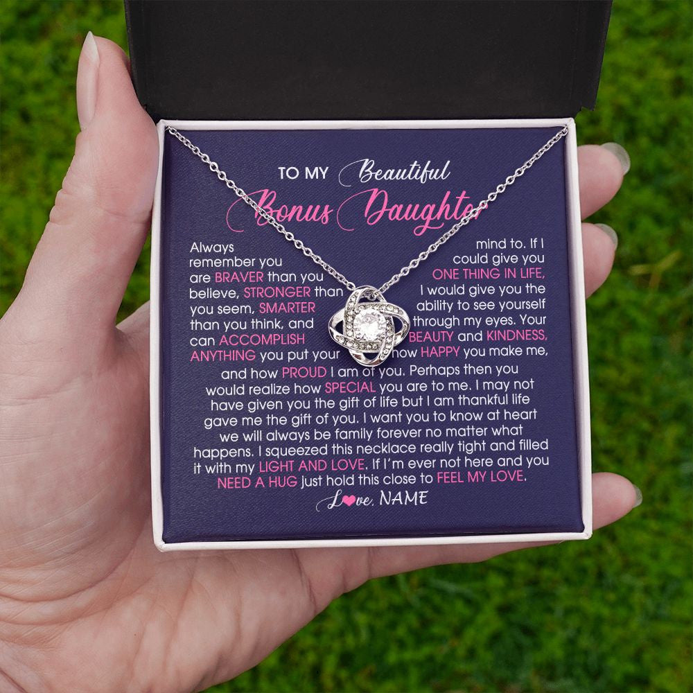 Love Knot Necklace | Personalized To My Beautiful Bonus Daughter Necklace From Stepmom Feel My Love Stepdaughter Birthday Christmas Graduation Customized Gift Box Message Card | siriusteestore
