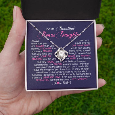 Love Knot Necklace | Personalized To My Beautiful Bonus Daughter Necklace From Stepmom Feel My Love Stepdaughter Birthday Christmas Graduation Customized Gift Box Message Card | siriusteestore