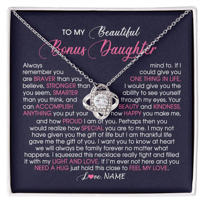 Love Knot Necklace | Personalized To My Beautiful Bonus Daughter Necklace From Stepmom Feel My Love Stepdaughter Birthday Christmas Graduation Customized Gift Box Message Card | siriusteestore