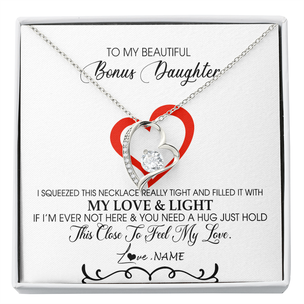 Forever Love Necklace | Personalized To My Beautiful Bonus Daughter Necklace From Stepmother Filled With My Love and Light Stepdaughter Birthday Christmas Customized Message Card | siriusteestore