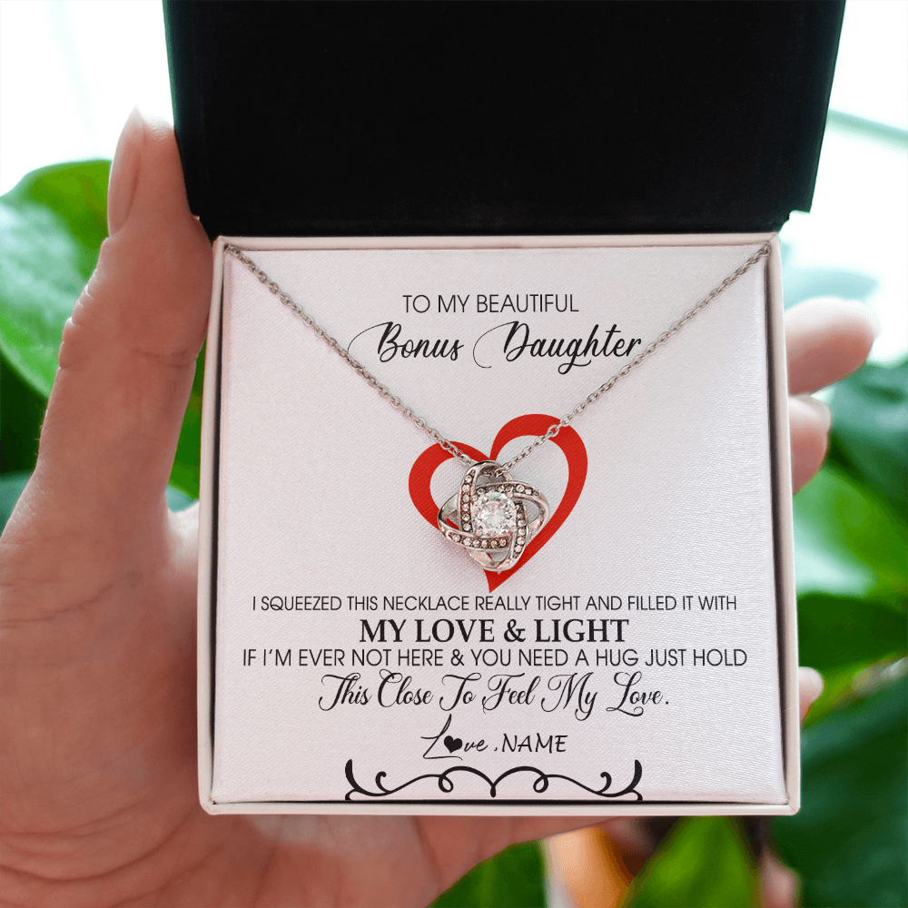 Love Knot Necklace | Personalized To My Beautiful Bonus Daughter Necklace From Stepmother Filled With My Love and Light Stepdaughter Birthday Christmas Customized Message Card | siriusteestore