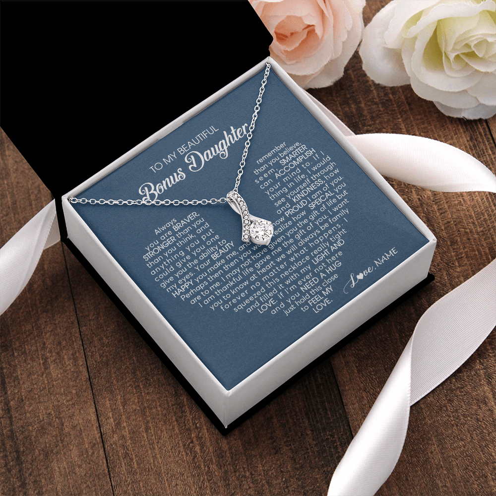 Alluring Beauty Necklace | Personalized To My Beautiful Bonus Daughter Necklace Need A Hug Just Hold This Stepdaughter Pendant Jewelry Birthday Christmas Customized Gift Box Message Card | siriusteestore