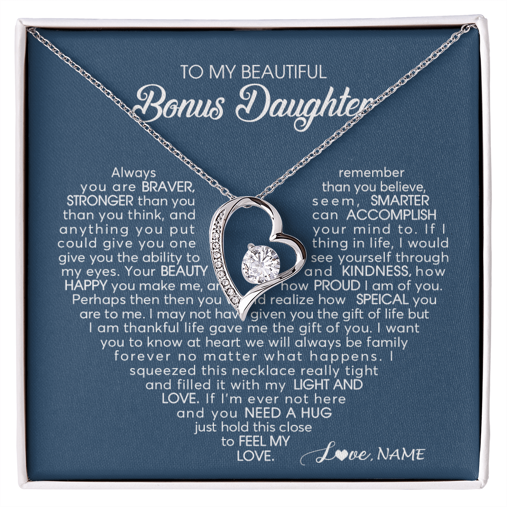 Forever Love Necklace | Personalized To My Beautiful Bonus Daughter Necklace Need A Hug Just Hold This Stepdaughter Pendant Jewelry Birthday Christmas Customized Gift Box Message Card | siriusteestore