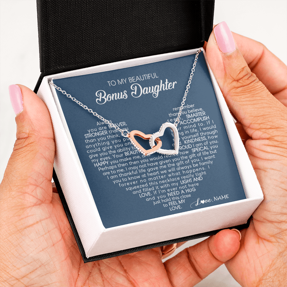 Interlocking Hearts Necklace | Personalized To My Beautiful Bonus Daughter Necklace Need A Hug Just Hold This Stepdaughter Pendant Jewelry Birthday Christmas Customized Gift Box Message Card | siriusteestore