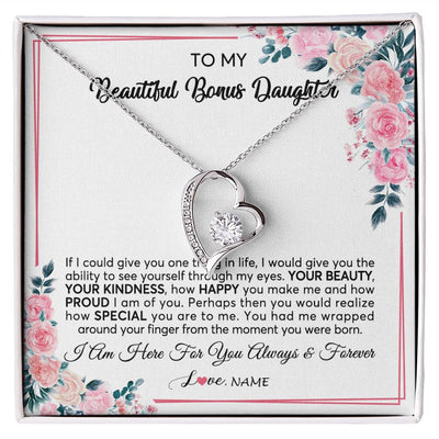 Forever Love Necklace | Personalized To My Beautiful Bonus Daughter Necklace from Stepmother I Am Here For You Floral Stepdaughter Birthday Christmas Customized Gift Box Message Card | siriusteestore