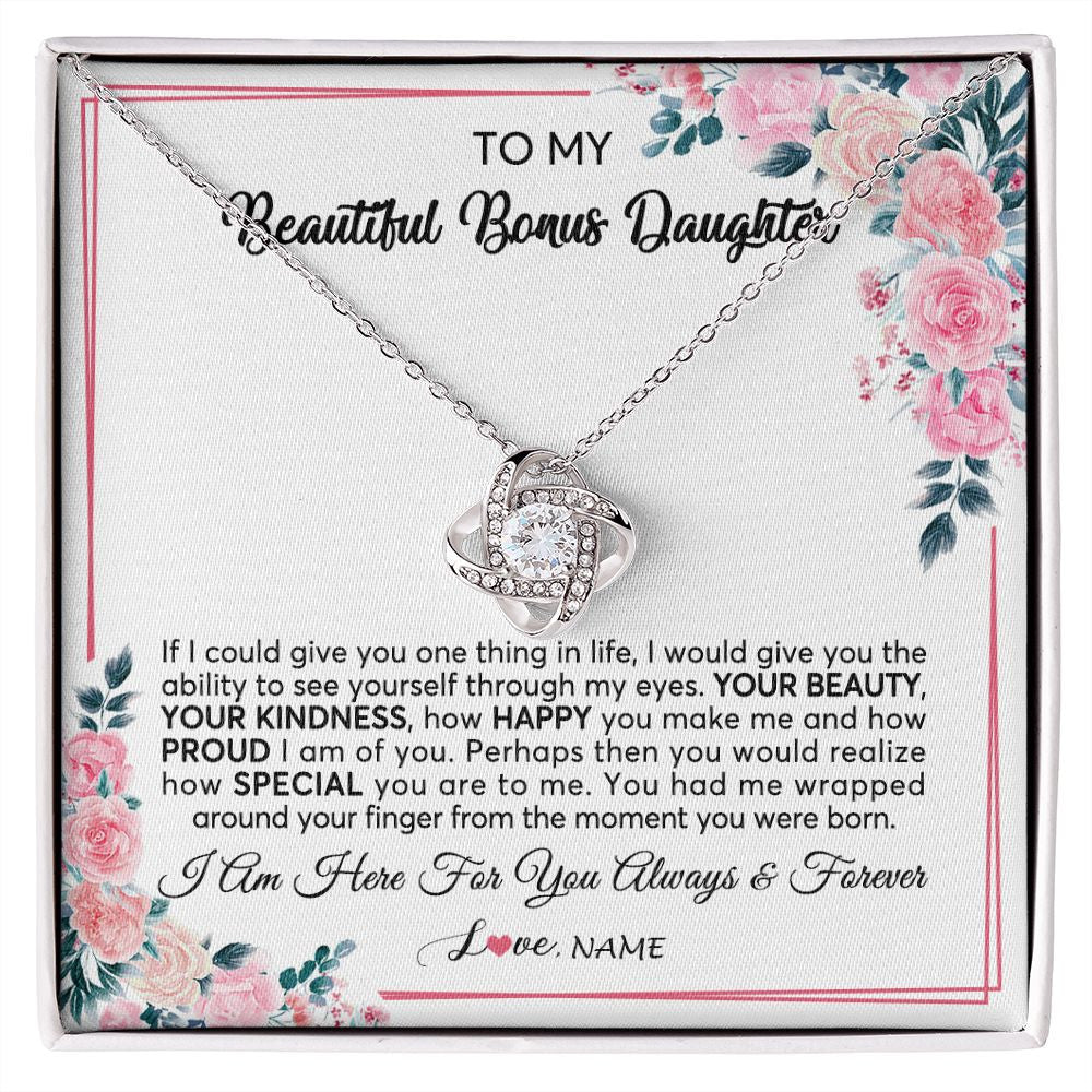 Love Knot Necklace | Personalized To My Beautiful Bonus Daughter Necklace from Stepmother I Am Here For You Floral Stepdaughter Birthday Christmas Customized Gift Box Message Card | siriusteestore
