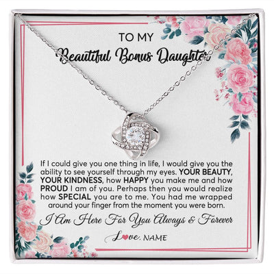Love Knot Necklace | Personalized To My Beautiful Bonus Daughter Necklace from Stepmother I Am Here For You Floral Stepdaughter Birthday Christmas Customized Gift Box Message Card | siriusteestore