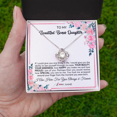 Love Knot Necklace | Personalized To My Beautiful Bonus Daughter Necklace from Stepmother I Am Here For You Floral Stepdaughter Birthday Christmas Customized Gift Box Message Card | siriusteestore