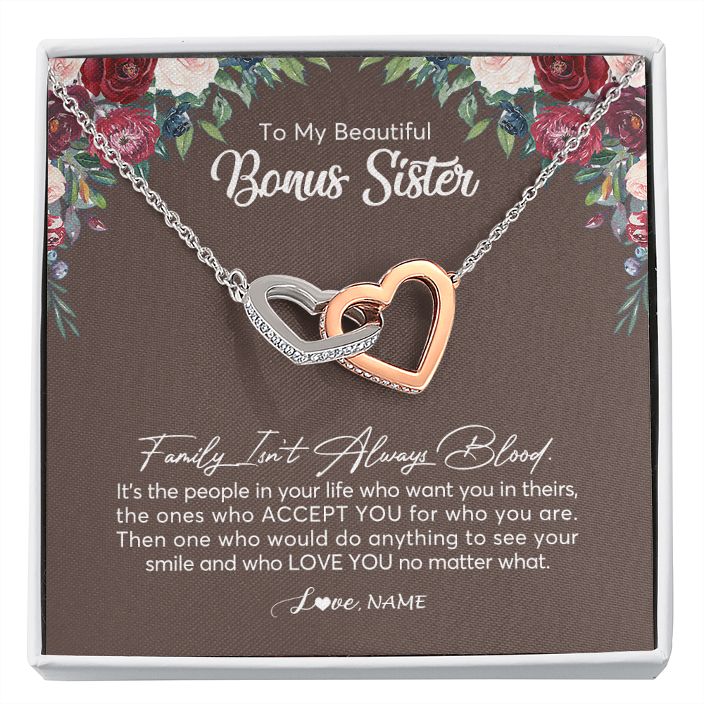 Interlocking Hearts Necklace | Personalized To My Beautiful Bonus Sister Necklace Family Itn't Always Blood Sister In Law Jewelry Birthday Wedding Christmas Customized Gift Box Message Card | siriusteestore