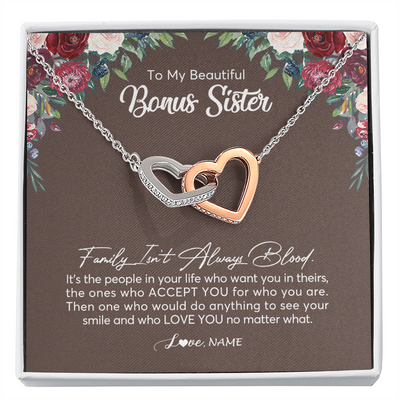 Interlocking Hearts Necklace | Personalized To My Beautiful Bonus Sister Necklace Family Itn't Always Blood Sister In Law Jewelry Birthday Wedding Christmas Customized Gift Box Message Card | siriusteestore