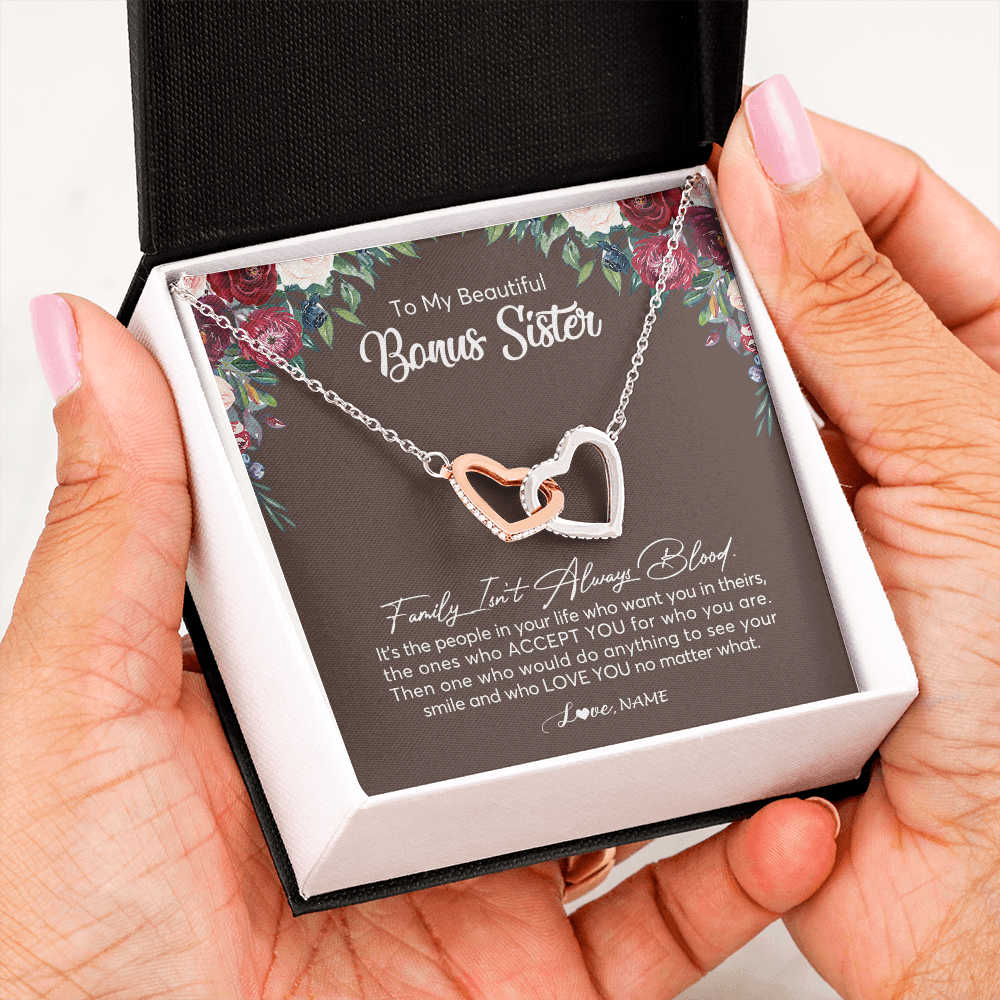 Interlocking Hearts Necklace | Personalized To My Beautiful Bonus Sister Necklace Family Itn't Always Blood Sister In Law Jewelry Birthday Wedding Christmas Customized Gift Box Message Card | siriusteestore
