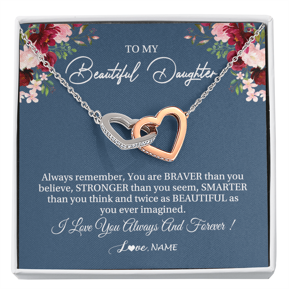 Interlocking Hearts Necklace | Personalized To My Beautiful Daughter Necklace From Dad Mom Braver Stronger Smarter Daughter Jewelry Birthday Graduation Christmas Customized Message Card | siriusteestore