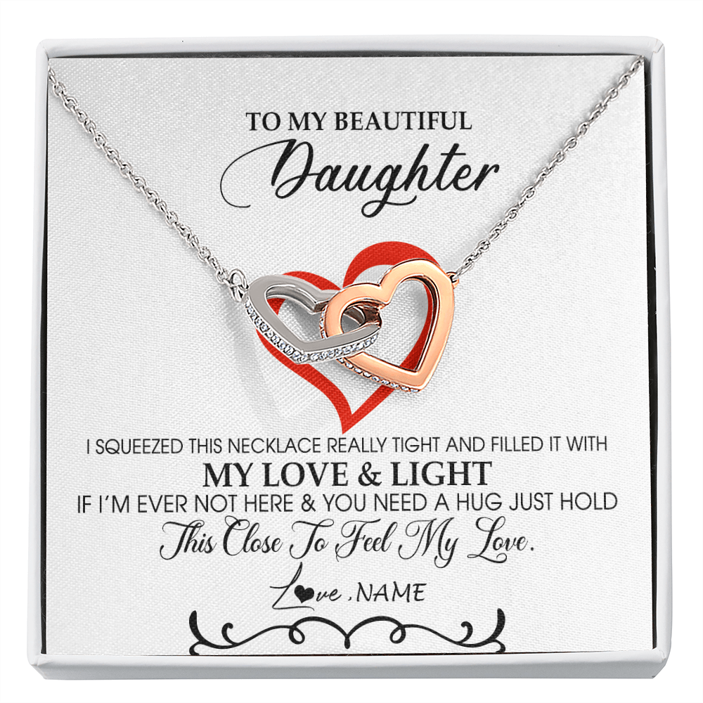 Interlocking Hearts Necklace | Personalized To My Beautiful Daughter Necklace From Dad Mom Filled With My Love and Light Daughter Jewelry Birthday Christmas Customized Message Card | siriusteestore