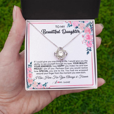 Love Knot Necklace | Personalized To My Beautiful Daughter Necklace from Mom Dad I Am Here For You Floral Daughter Birthday Graduation Christmas Customized Gift Box Message Card | siriusteestore