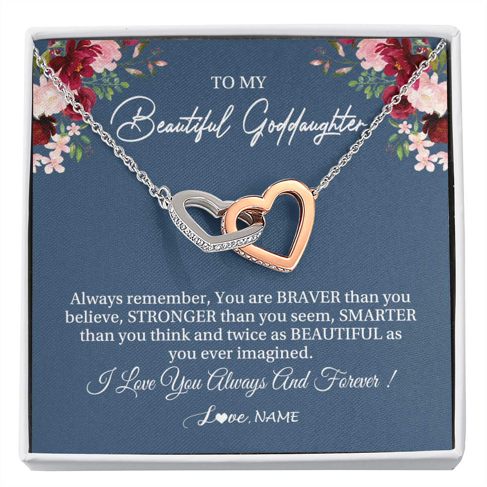 Interlocking Hearts Necklace | Personalized To My Beautiful Goddaughter Necklace From Godmother Braver Stronger Smarter Goddaughter Pendant Jewelry Birthday Christmas Customized Message Card | siriusteestore
