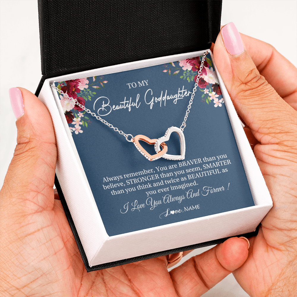 Interlocking Hearts Necklace | Personalized To My Beautiful Goddaughter Necklace From Godmother Braver Stronger Smarter Goddaughter Pendant Jewelry Birthday Christmas Customized Message Card | siriusteestore