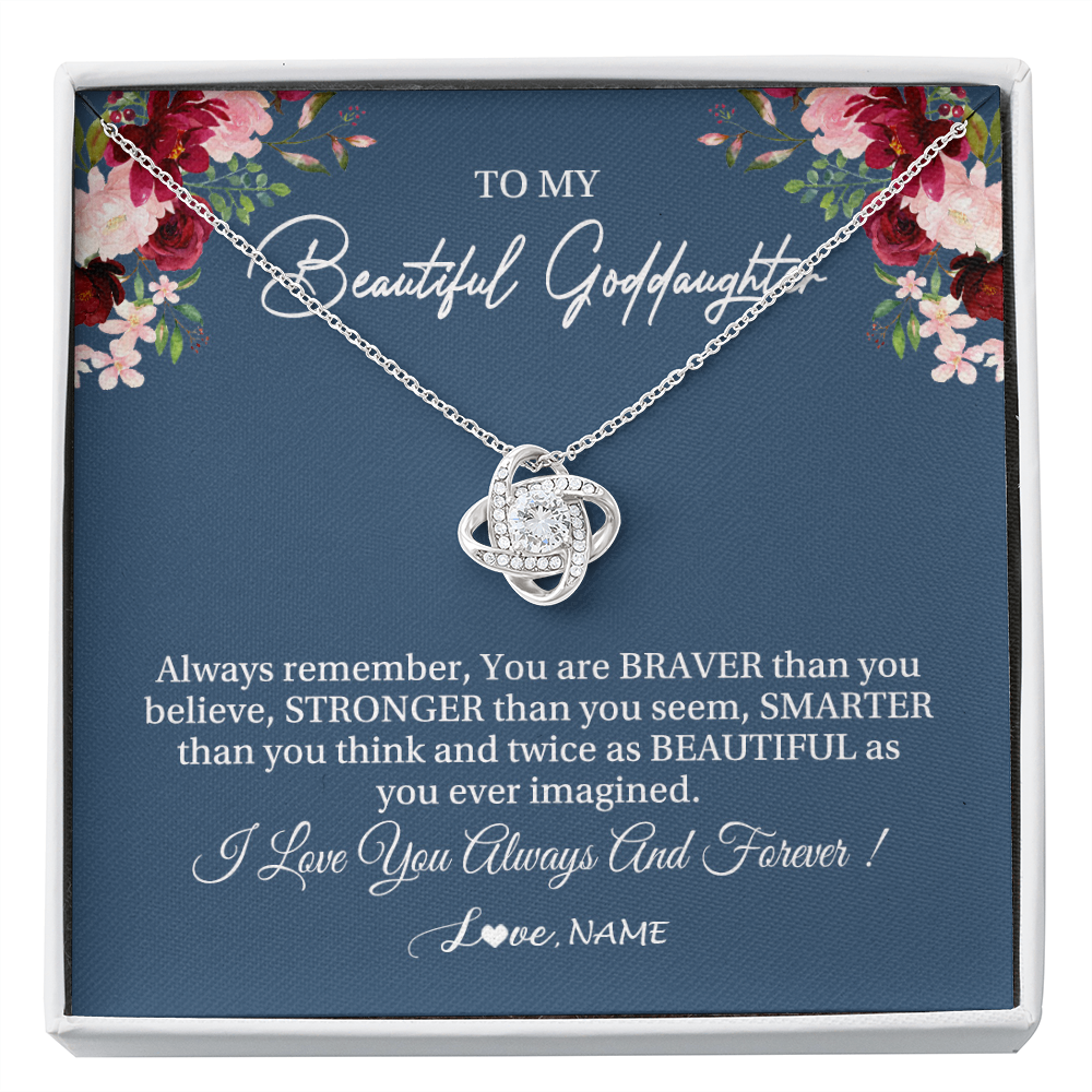 Love Knot Necklace | Personalized To My Beautiful Goddaughter Necklace From Godmother Braver Stronger Smarter Goddaughter Pendant Jewelry Birthday Christmas Customized Message Card | siriusteestore