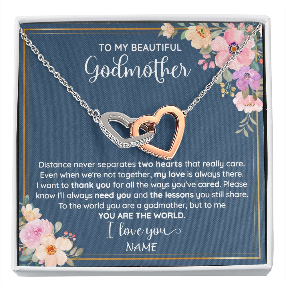 Interlocking Hearts Necklace | Personalized To My Beautiful Godmother Necklace From Niece You Are The World Godmother Birthday Mothers Day Christmas Customized Gift Box Message Card | siriusteestore