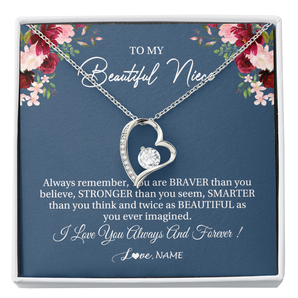 Forever Love Necklace | Personalized To My Beautiful Niece Necklace From Aunt Uncle Braver Stronger Smarter Niece Pendant Jewelry Birthday Graduation Christmas Customized Message Card | siriusteestore