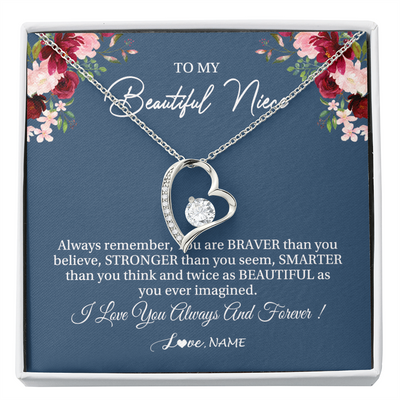 Forever Love Necklace | Personalized To My Beautiful Niece Necklace From Aunt Uncle Braver Stronger Smarter Niece Pendant Jewelry Birthday Graduation Christmas Customized Message Card | siriusteestore
