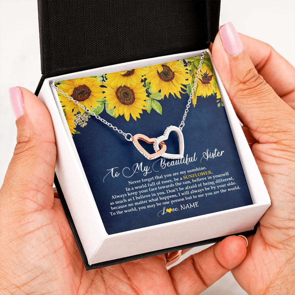 Interlocking Hearts Necklace | Personalized To My Beautiful Sister Necklace From Sister Brother Be A Sunflower My Sunshine Sister Birthday Christmas Customized Gift Box Message Card | siriusteestore