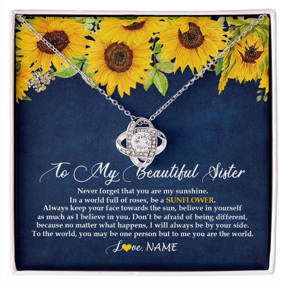 Love Knot Necklace | Personalized To My Beautiful Sister Necklace From Sister Brother Be A Sunflower My Sunshine Sister Birthday Christmas Customized Gift Box Message Card | siriusteestore