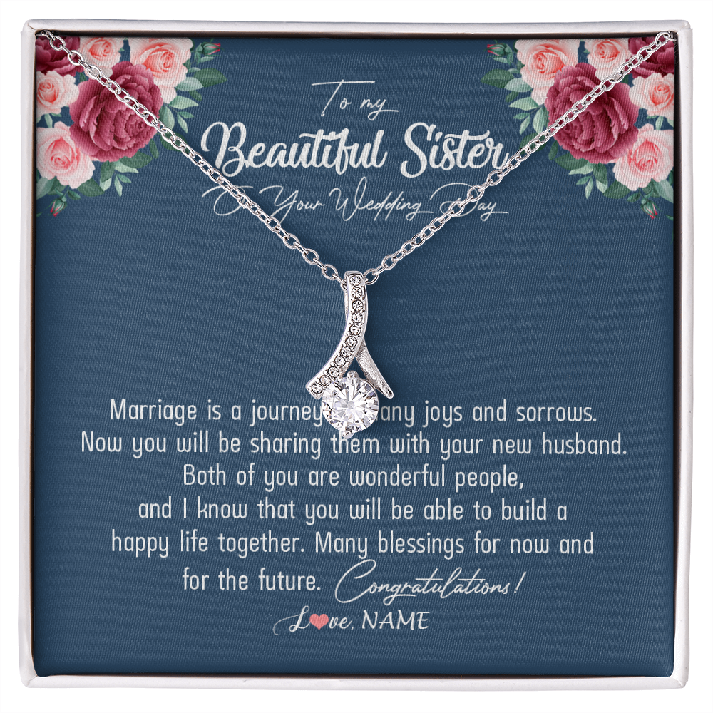 Alluring Beauty Necklace | Personalized To My Beautiful Sister Necklace On Her Wedding Day Congratulations Jewelry Sister Birthday Anniversary Christmas Customized Gift Box Message Card | siriusteestore