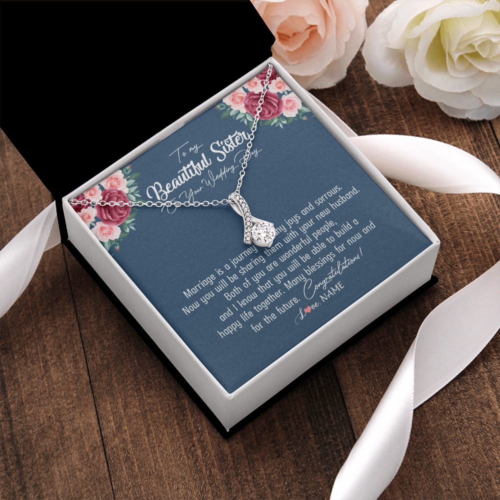 Alluring Beauty Necklace | Personalized To My Beautiful Sister Necklace On Her Wedding Day Congratulations Jewelry Sister Birthday Anniversary Christmas Customized Gift Box Message Card | siriusteestore