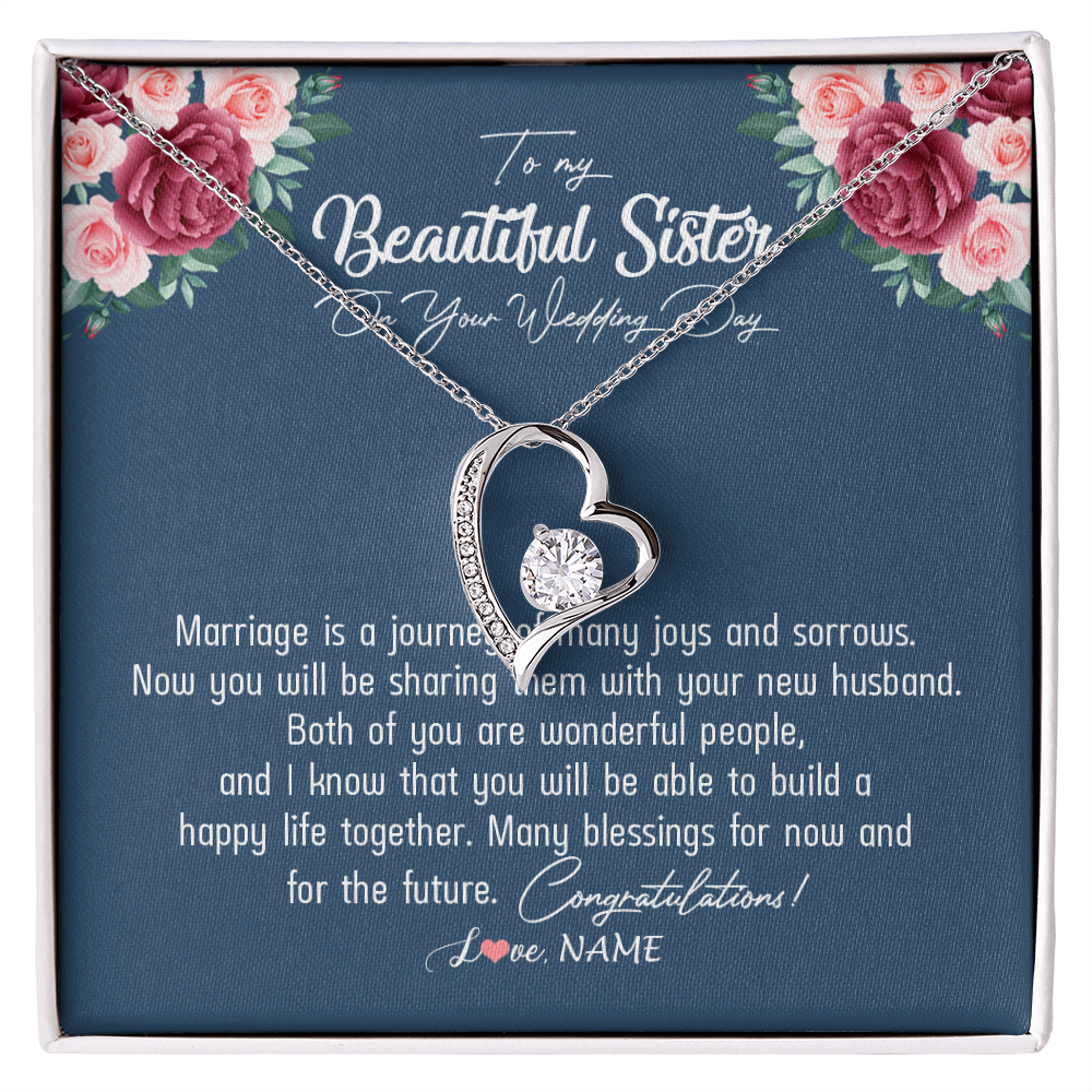 Forever Love Necklace | Personalized To My Beautiful Sister Necklace On Her Wedding Day Congratulations Jewelry Sister Birthday Anniversary Christmas Customized Gift Box Message Card | siriusteestore