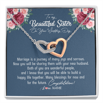 Interlocking Hearts Necklace | Personalized To My Beautiful Sister Necklace On Her Wedding Day Congratulations Jewelry Sister Birthday Anniversary Christmas Customized Gift Box Message Card | siriusteestore